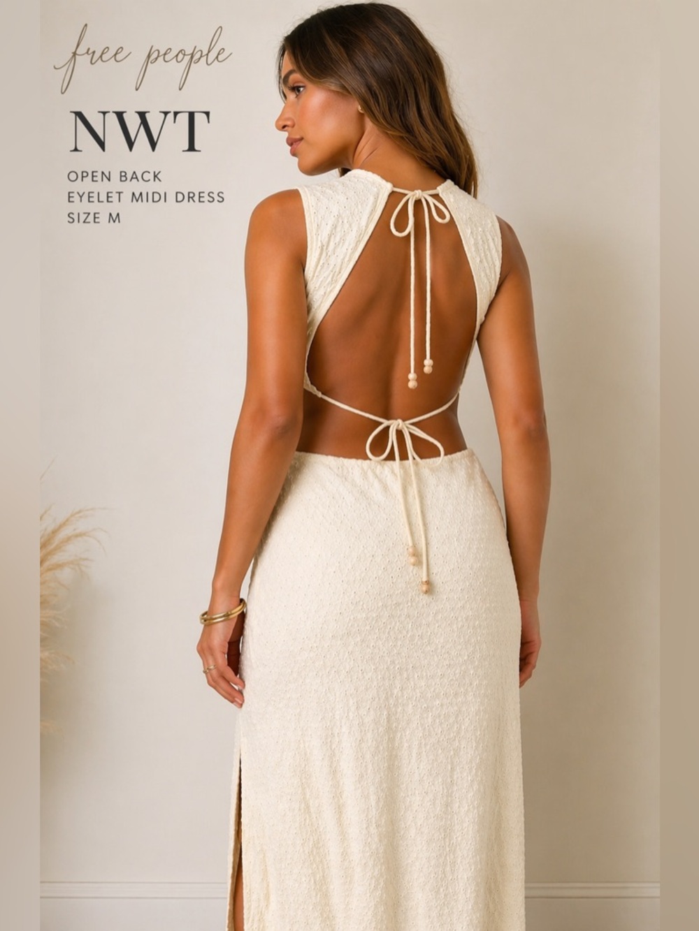 Free People Ivory Eyelet Open Back Midi Dress Side Slit Size M NWT